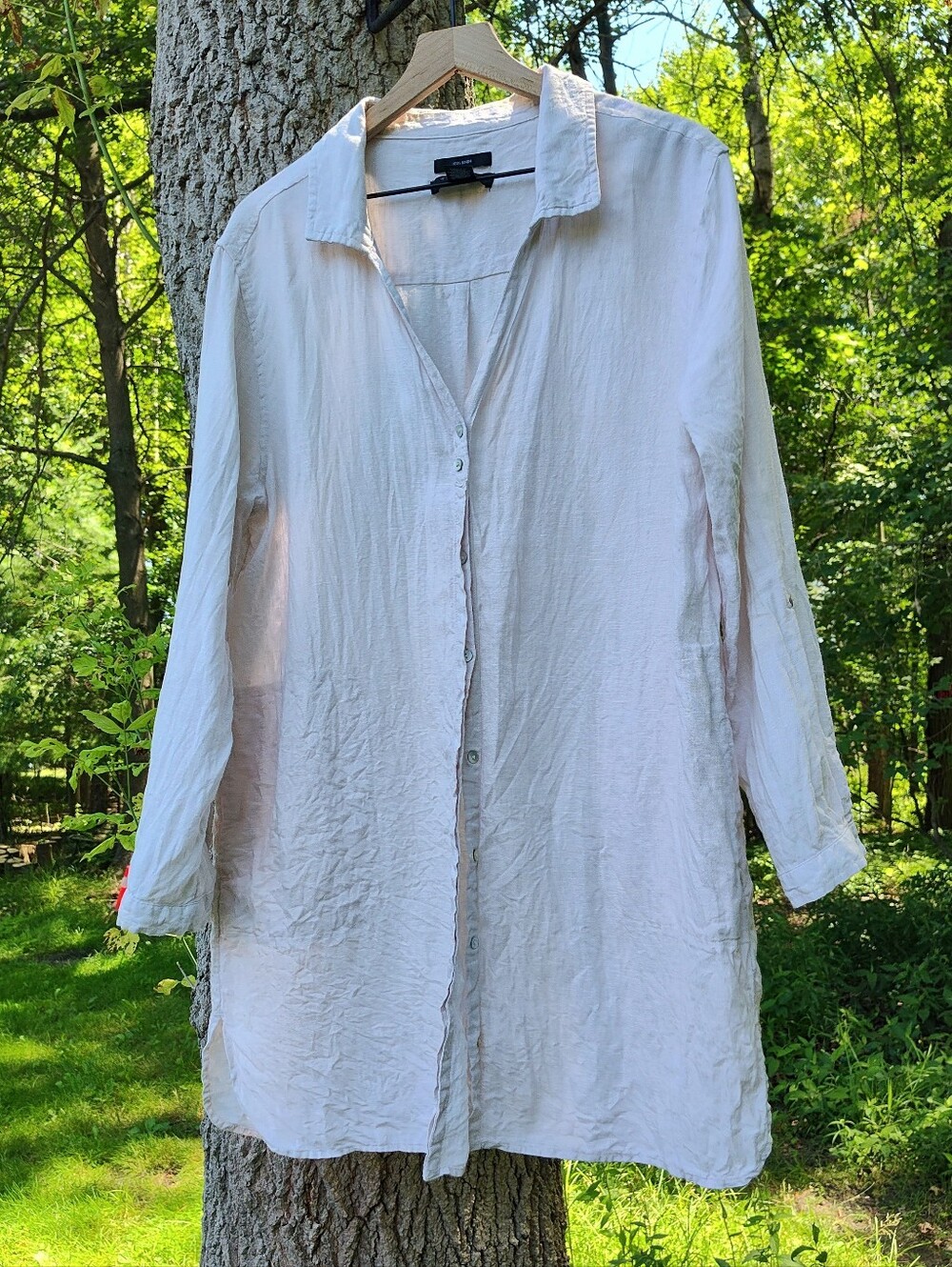 Tahari Beige 100% Linen Sz XL Button-Up Tunic Shirt Deep V Collar Coastal Beach